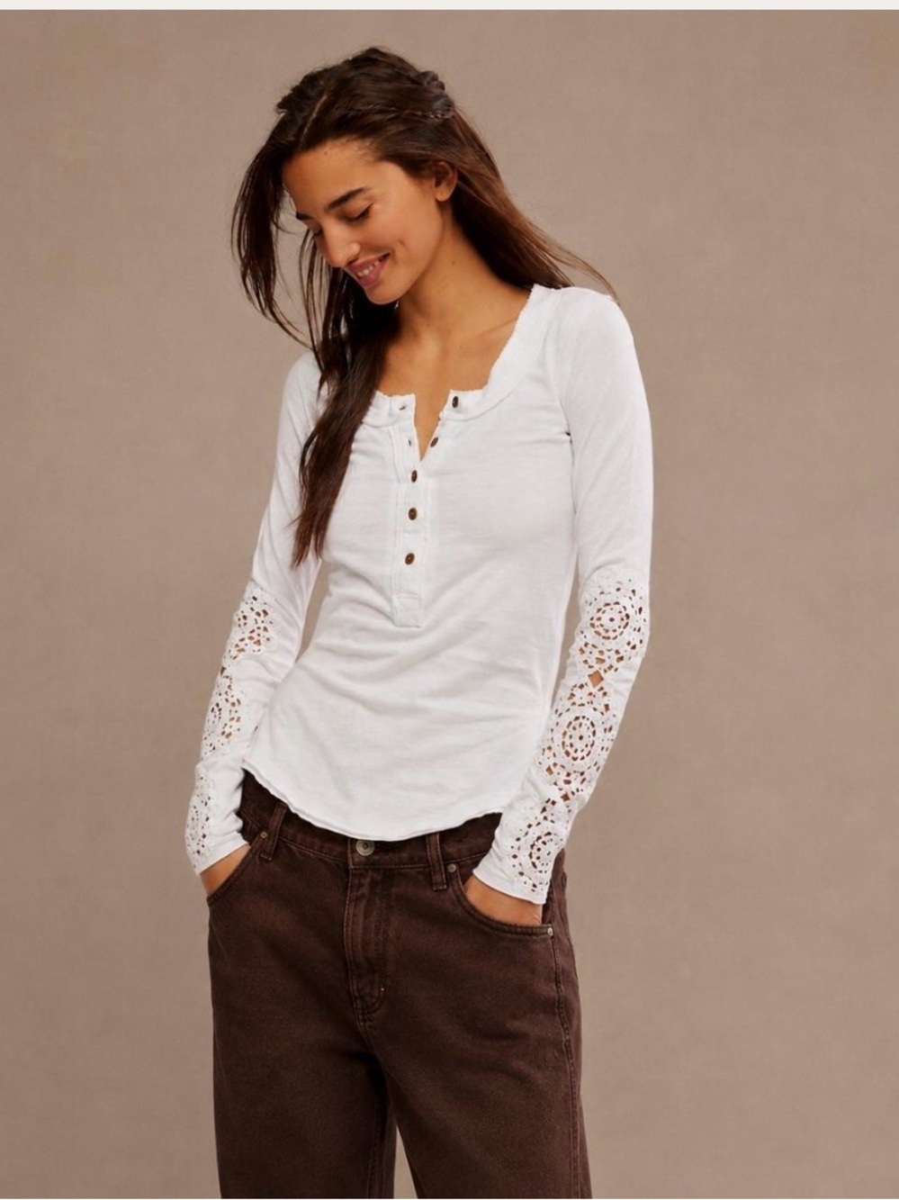 We the Free NWT Women’s White Henley Top with Lace Crochet Sleeves